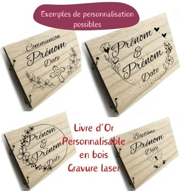 Livre d'or en bois personnalisé avec feuilles fines en kraft - Mariage - Baptême - Communion - Anniversaire
