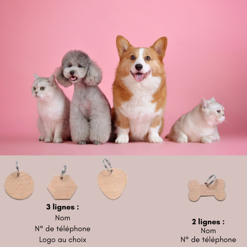 Médaille d'identification en bois pour animaux - chien chat - Personnalisation gravure laser