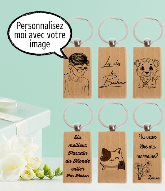 Porte-clés en bois Gravure laser - Personnalisable avec votre image