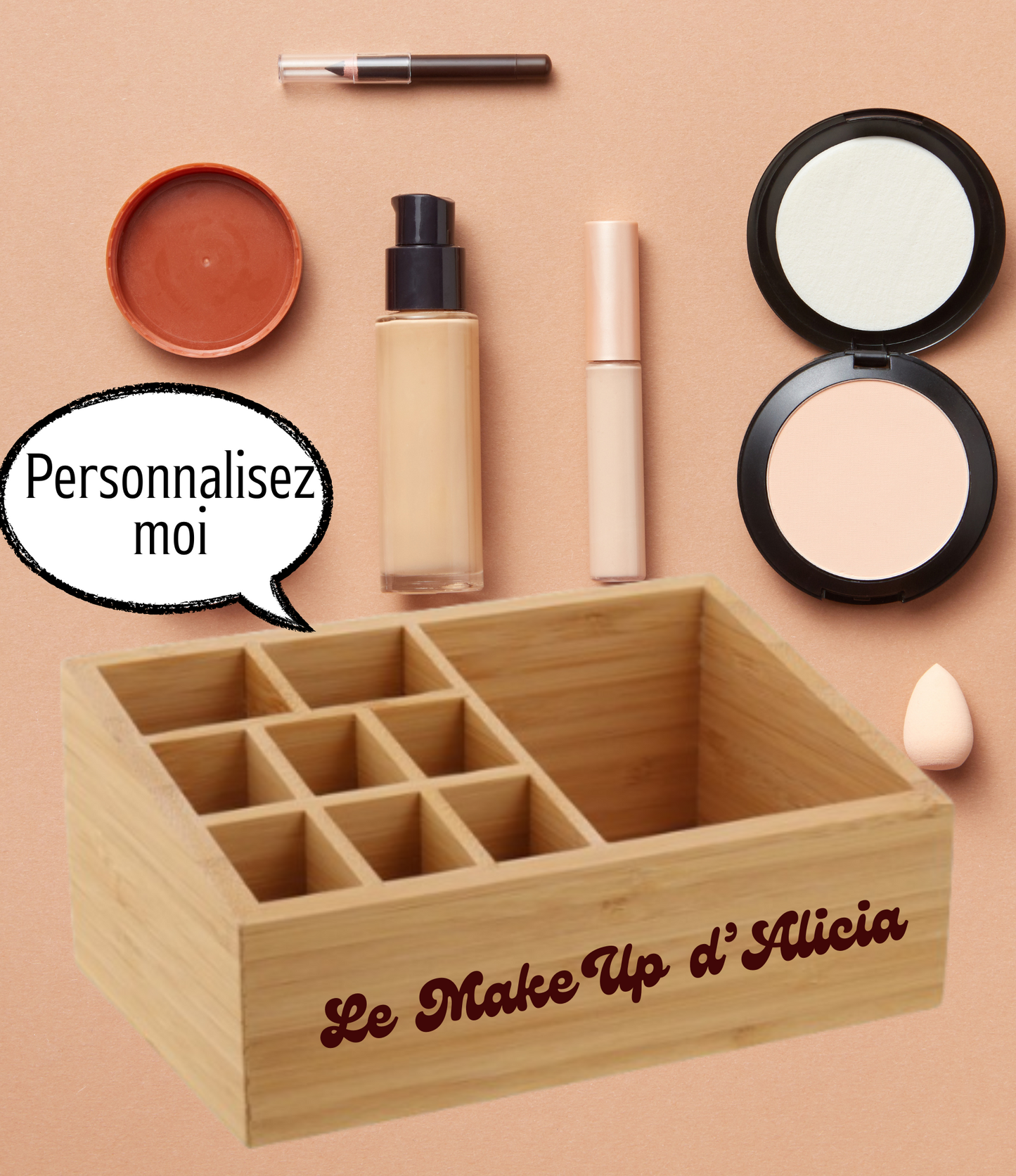 Organisateur de Make Up en bambou - Prénom personnalisable - Gravé au laser - Maquillage