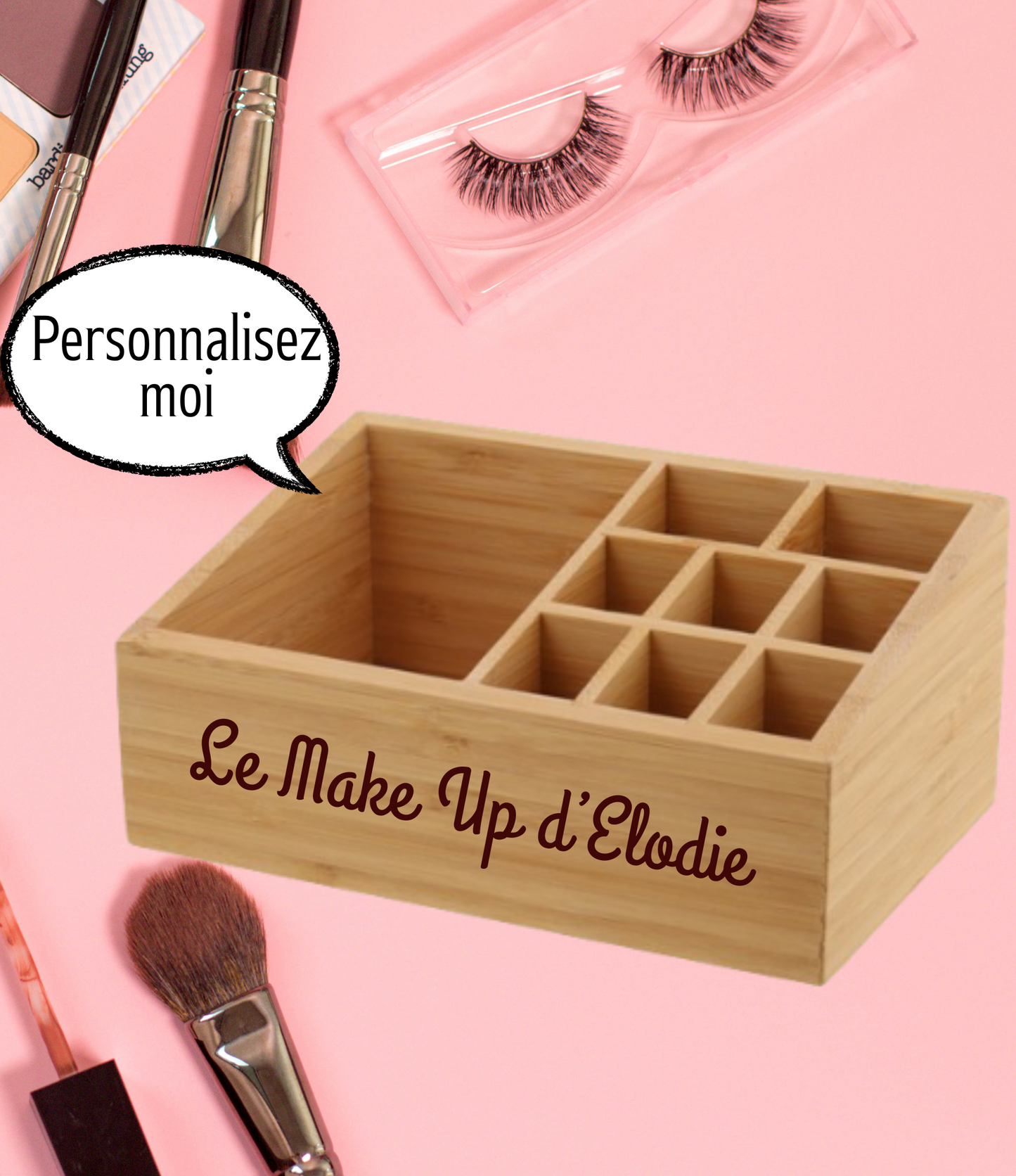 Organisateur de Make Up en bambou - Prénom personnalisable - Gravé au laser - Maquillage