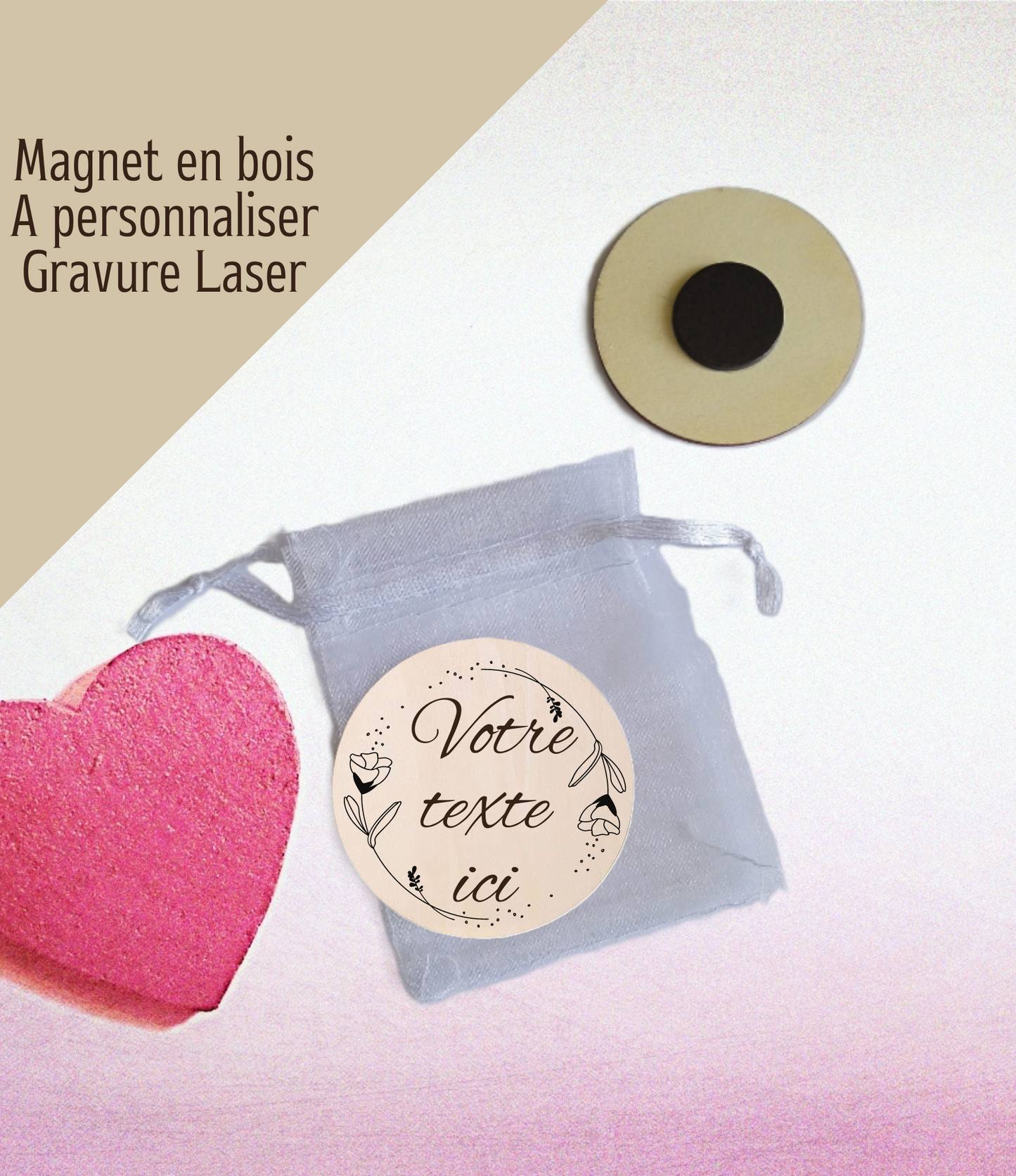 Aimant / Magnet en bois motif fleurs pour frigo, bureau - Texte personnalisable - Gravé au laser