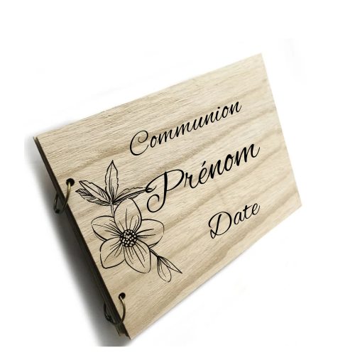 Livre d'or en bois personnalisé avec 10 à 40 feuilles fines en kraft - Mariage - Baptême - Communion - Anniversaire