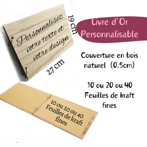 Livre d'or en bois personnalisé avec 10 à 40 feuilles fines en kraft - Mariage - Baptême - Communion - Anniversaire