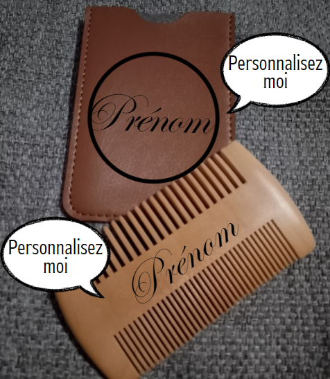 Peigne en bois de hêtre dans son étui en cuir pour hommes - Idéale pour barbe- Gravure laser personnalisable