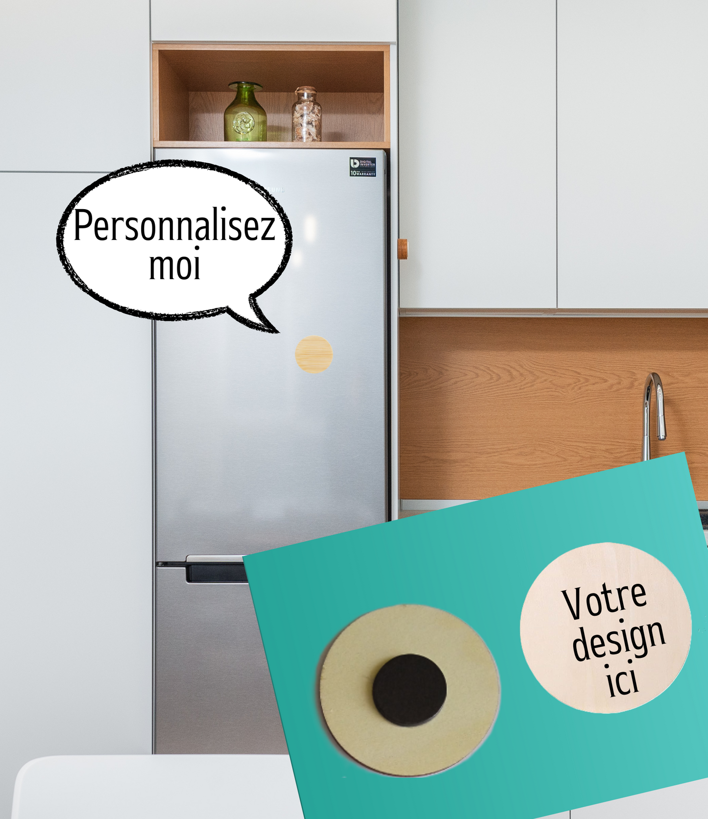 Aimant / Magnet en bois pour frigo, bureau - Personnalisable avec votre image - Gravé au laser